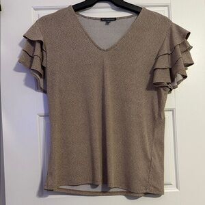 Adrianna Papell Taupe V-Neck Ruffle Sleeve Top